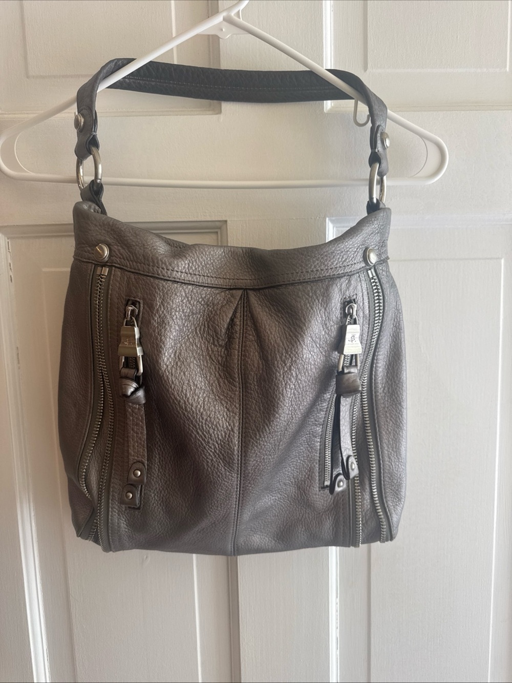 B. Makowsky Silver Pebbled Leather Shoulder Bag